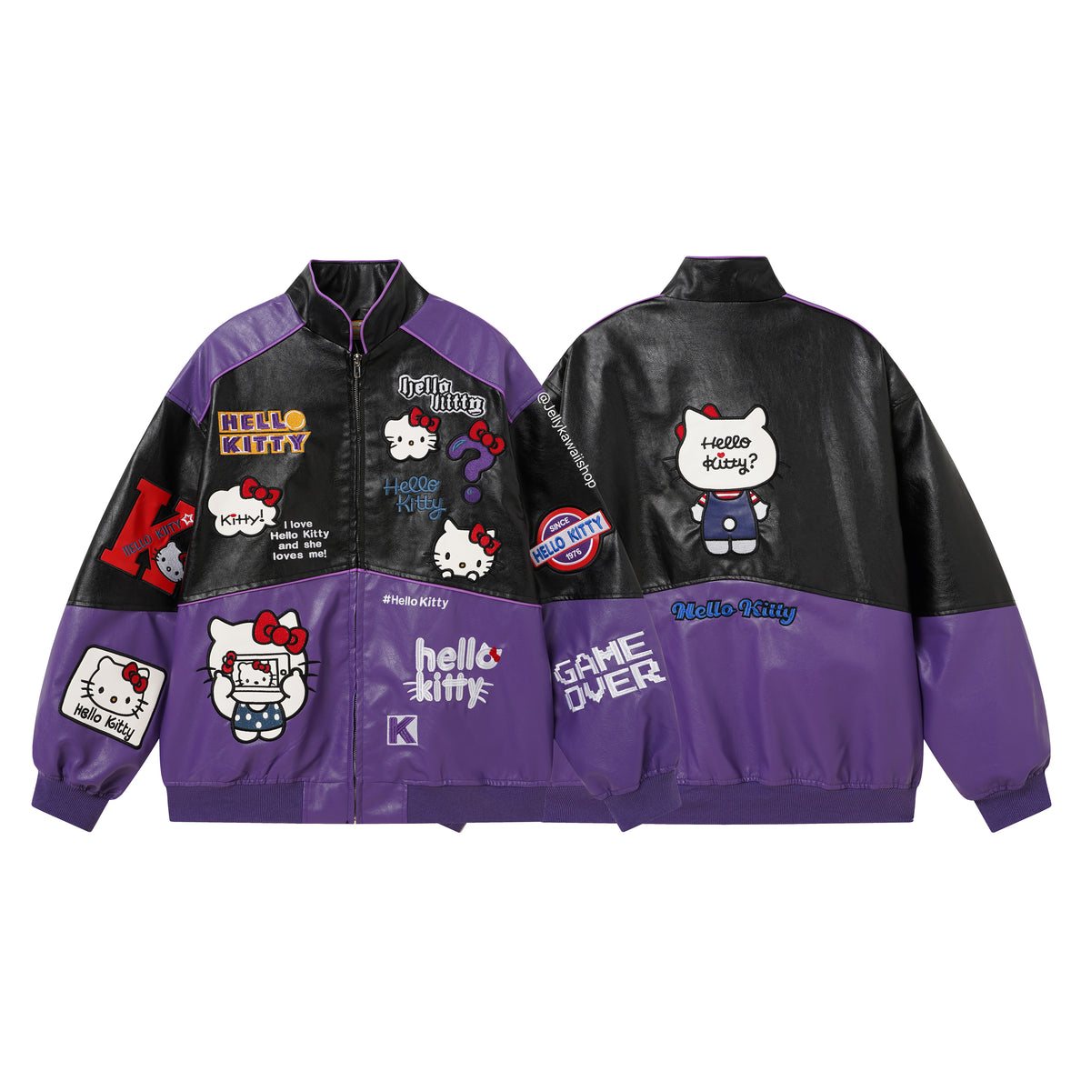 Hello Kitty Black and Purple Leather Jacket Unisex Coats