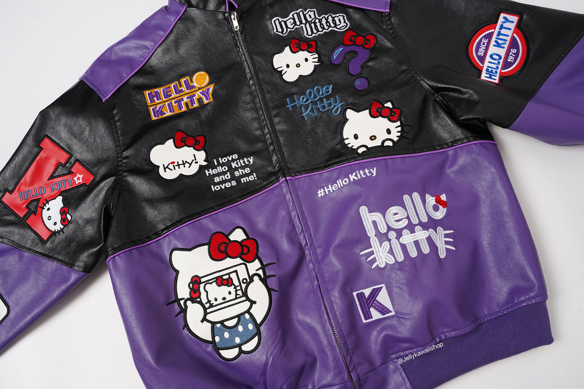 Hello Kitty Black and Purple Leather Jacket Unisex Coats