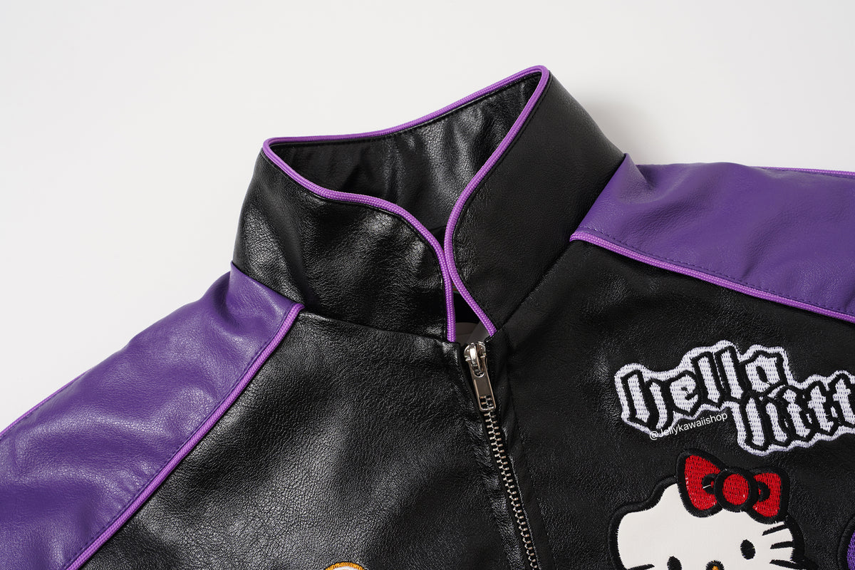 Hello Kitty Black and Purple Leather Jacket Unisex Coats