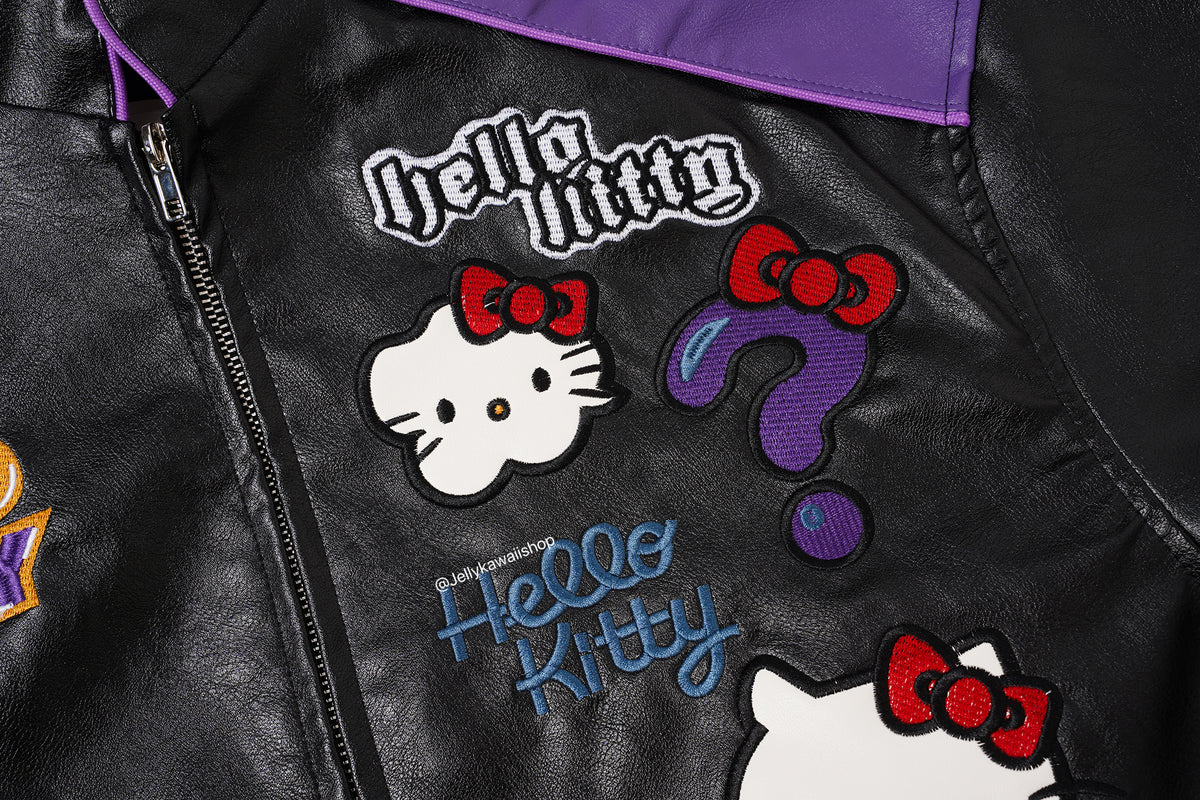 Hello Kitty Black and Purple Leather Jacket Unisex Coats