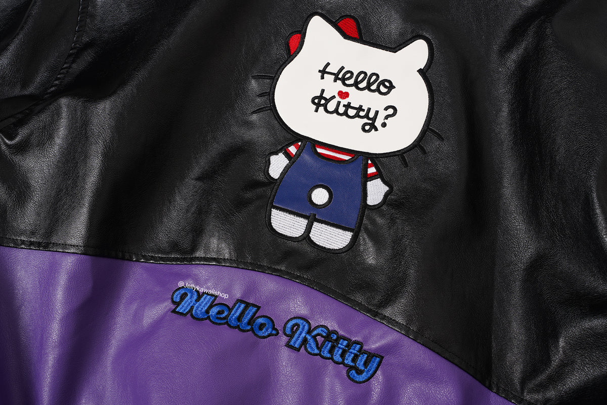 Hello Kitty Black and Purple Leather Jacket Unisex Coats