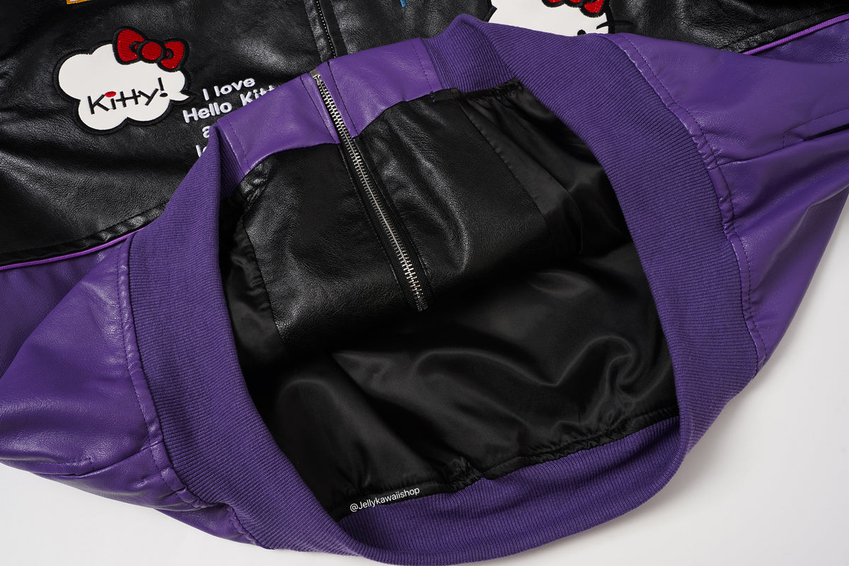 Hello Kitty Black and Purple Leather Jacket Unisex Coats