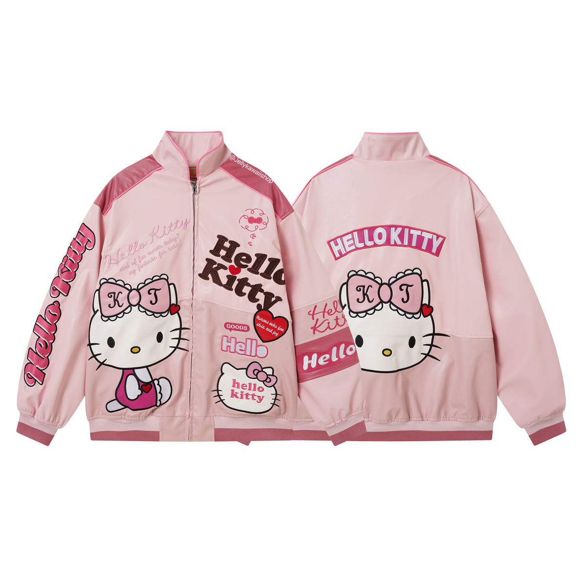Hello Kitty Embroidered Pink Leather Jacket Unisex Coats