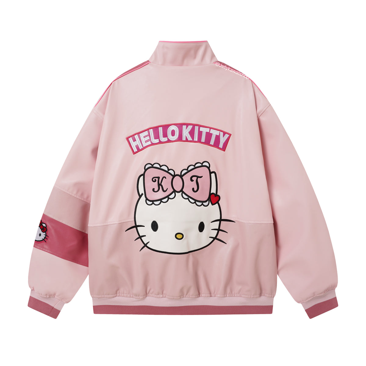 Hello Kitty Embroidered Pink Leather Jacket Unisex Coats