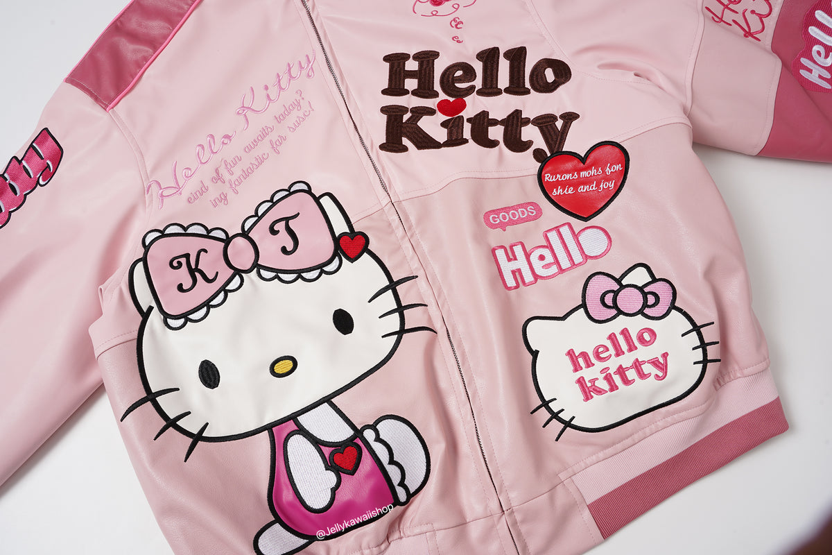 Hello Kitty Embroidered Pink Leather Jacket Unisex Coats
