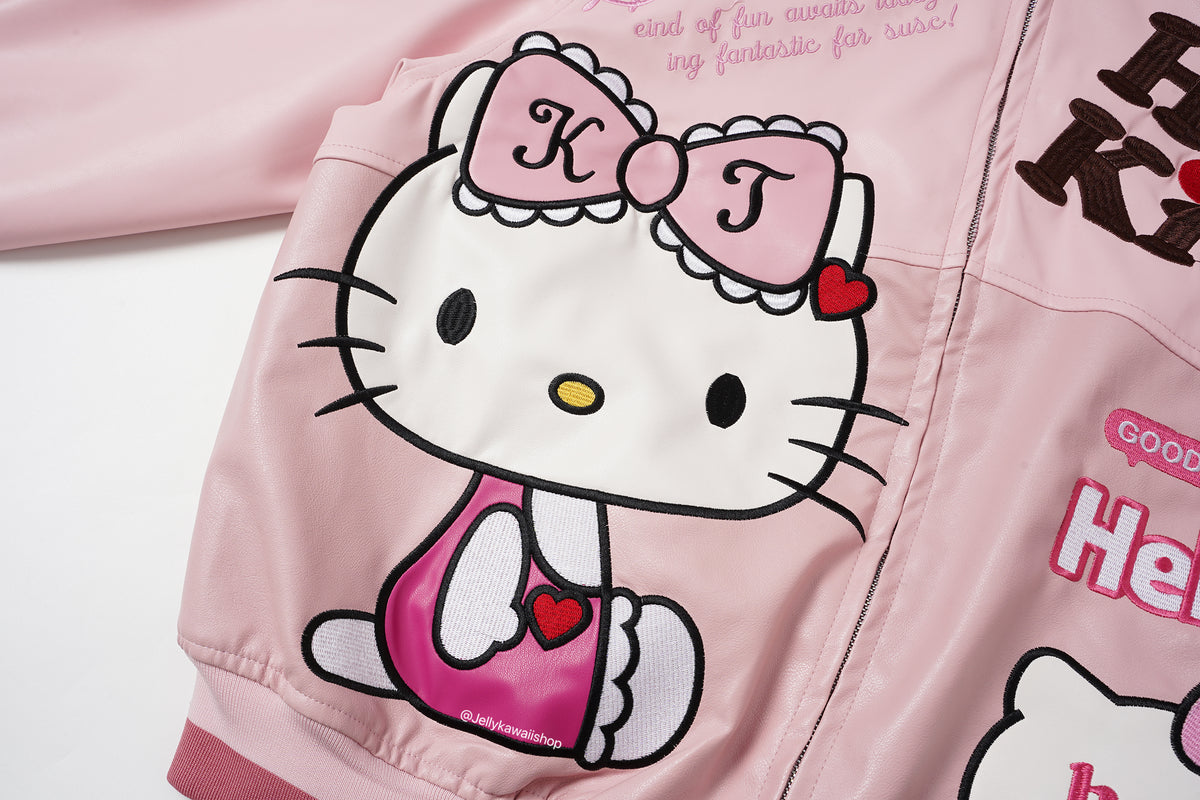 Hello Kitty Embroidered Pink Leather Jacket Unisex Coats