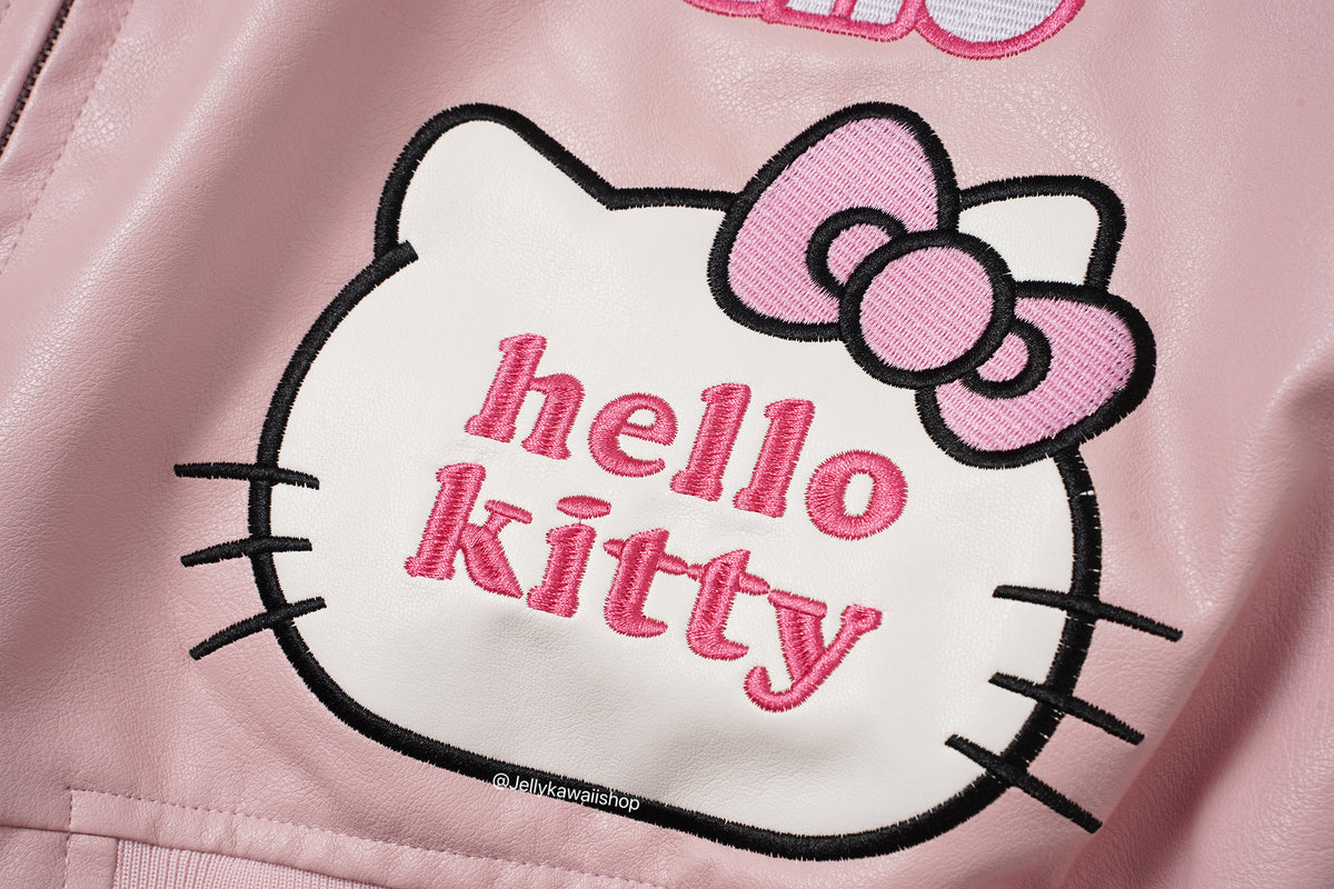 Hello Kitty Embroidered Pink Leather Jacket Unisex Coats