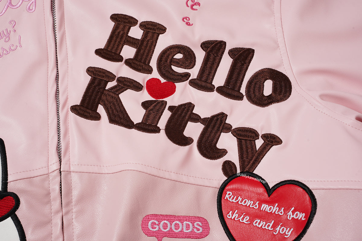 Hello Kitty Embroidered Pink Leather Jacket Unisex Coats