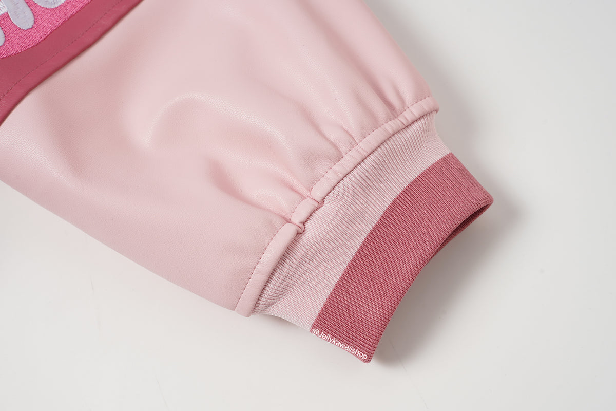 Hello Kitty Embroidered Pink Leather Jacket Unisex Coats