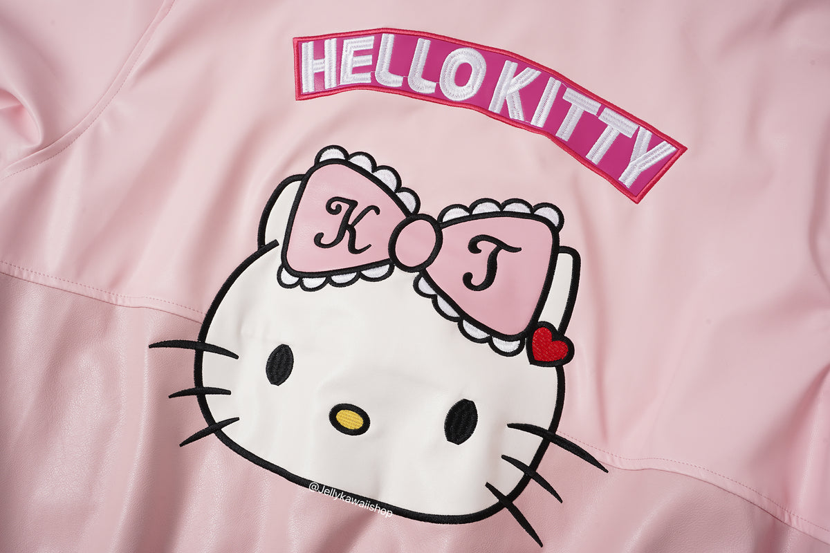 Hello Kitty Embroidered Pink Leather Jacket Unisex Coats