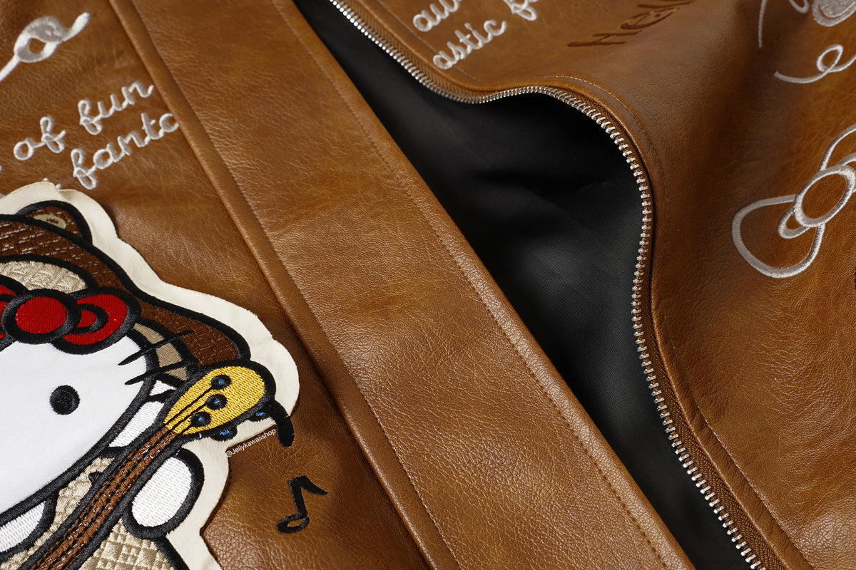 Hello Kitty Brown Leather Jacket Unisex Coats