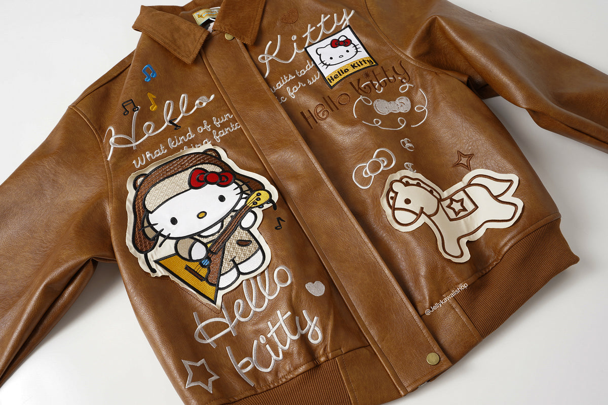 Hello Kitty Brown Leather Jacket Unisex Coats