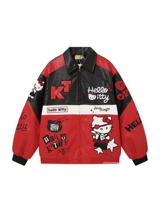 Hello Kitty Black and Red Leather Jacket Unisex Coats