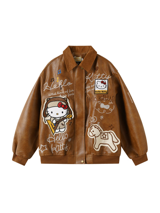 Hello Kitty Brown Leather Jacket Unisex Coats