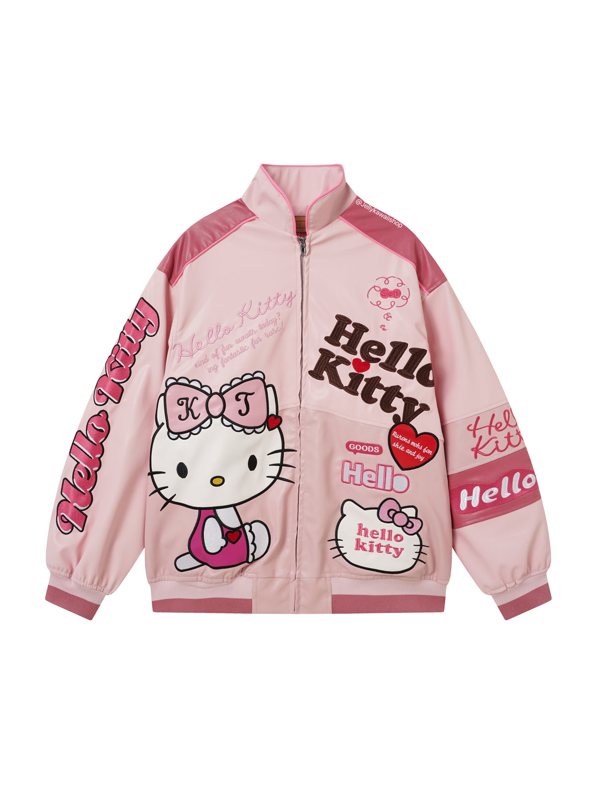 Hello Kitty Embroidered Pink Leather Jacket Unisex Coats
