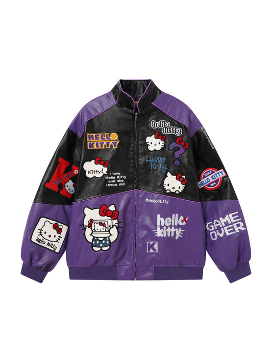Hello Kitty Black and Purple Leather Jacket Unisex Coats