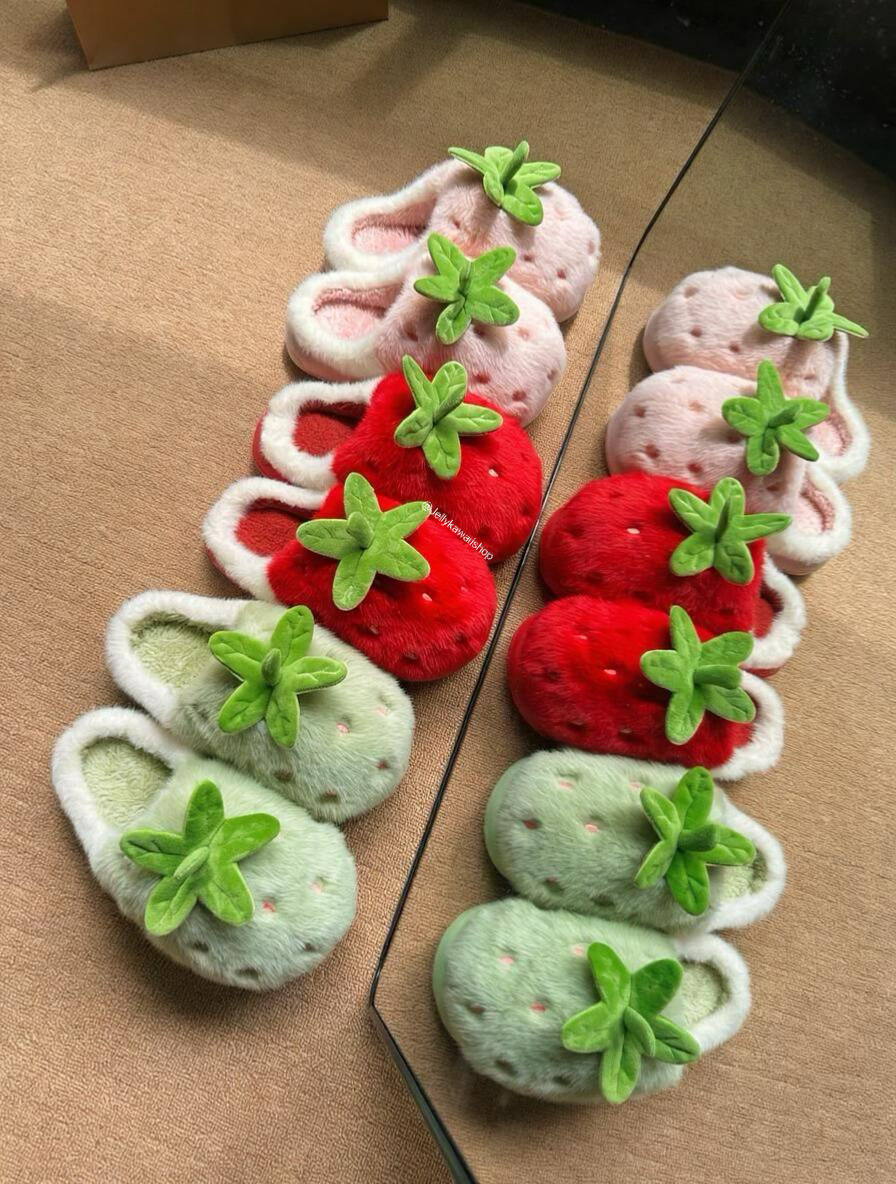 Girly Fuzzy Fluffy Comfy Plush Strawberry Slippers