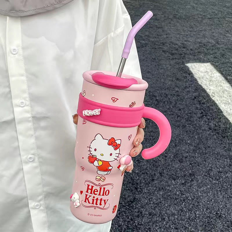 Sanrio Hello Kitty Vacuum Insulated Stainless Steel Travel Tumbler with Splash-Proof Lid, Includes Reusable Plastic Straw and Fits in Car Cup Holders
