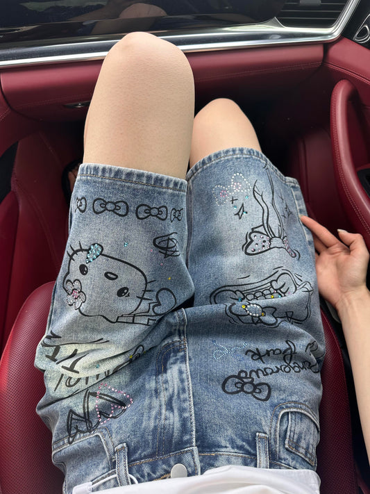 Hellokitty Denim Short Casual Jeans Pants with Pockets