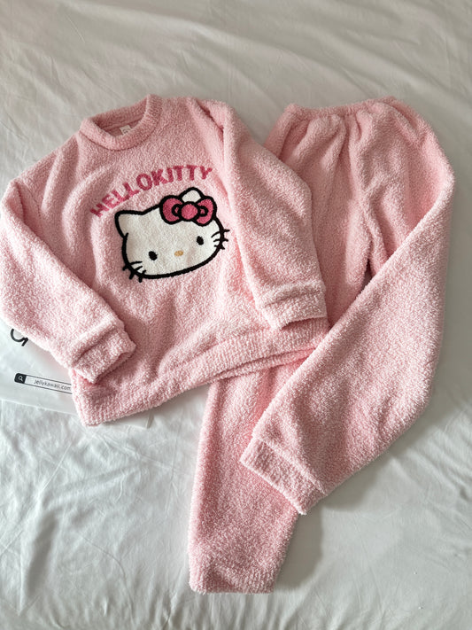 Hellokitty Pink Winter Warm Coral Fleece Pajamas Set Flannel Sleepwear 2 Piece Loungewear