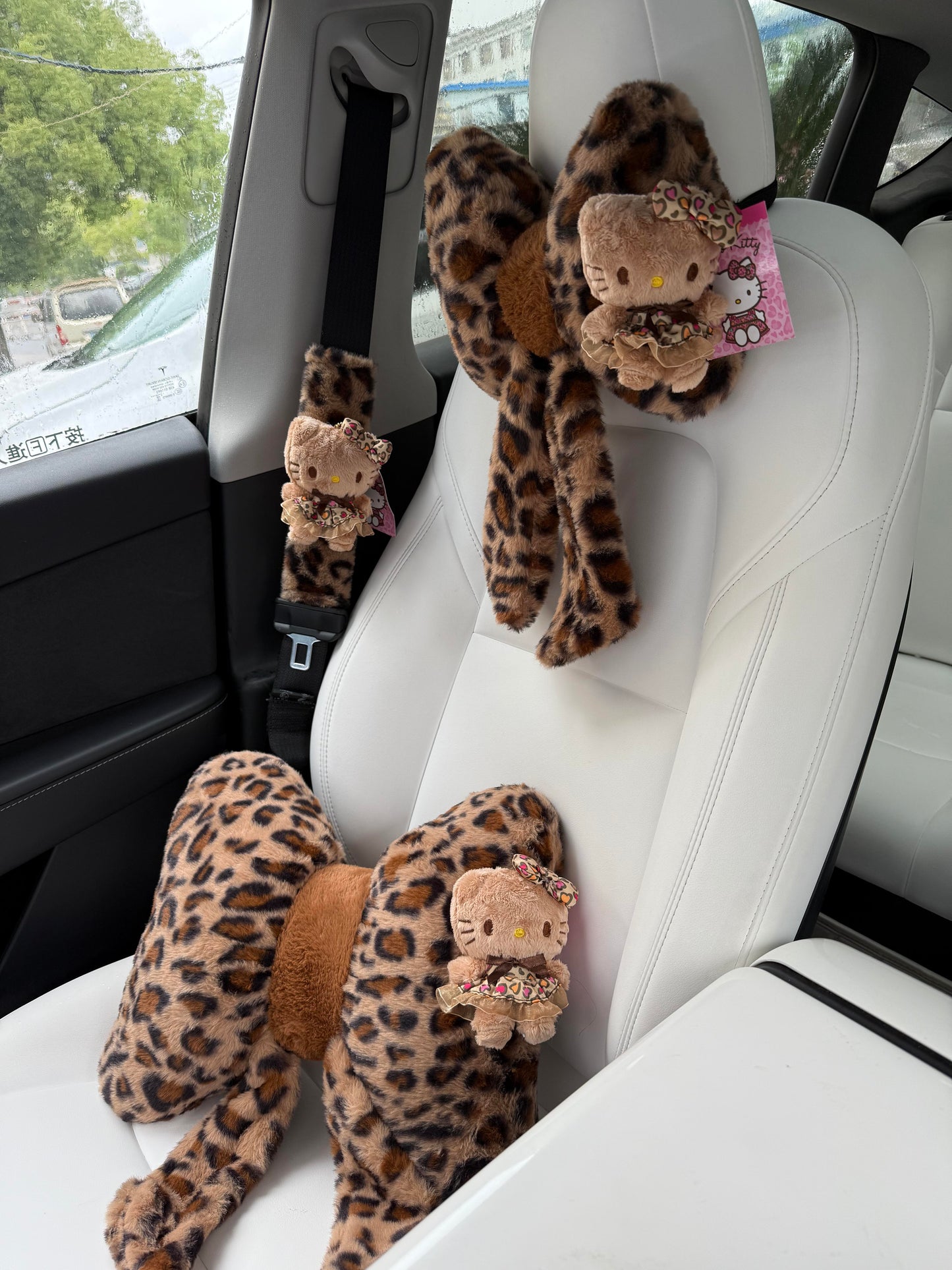 Hellokitty Leopard Print Car Seat Belt Pads/ Bow Car Headrest Pillow/ Car Seat Cushion