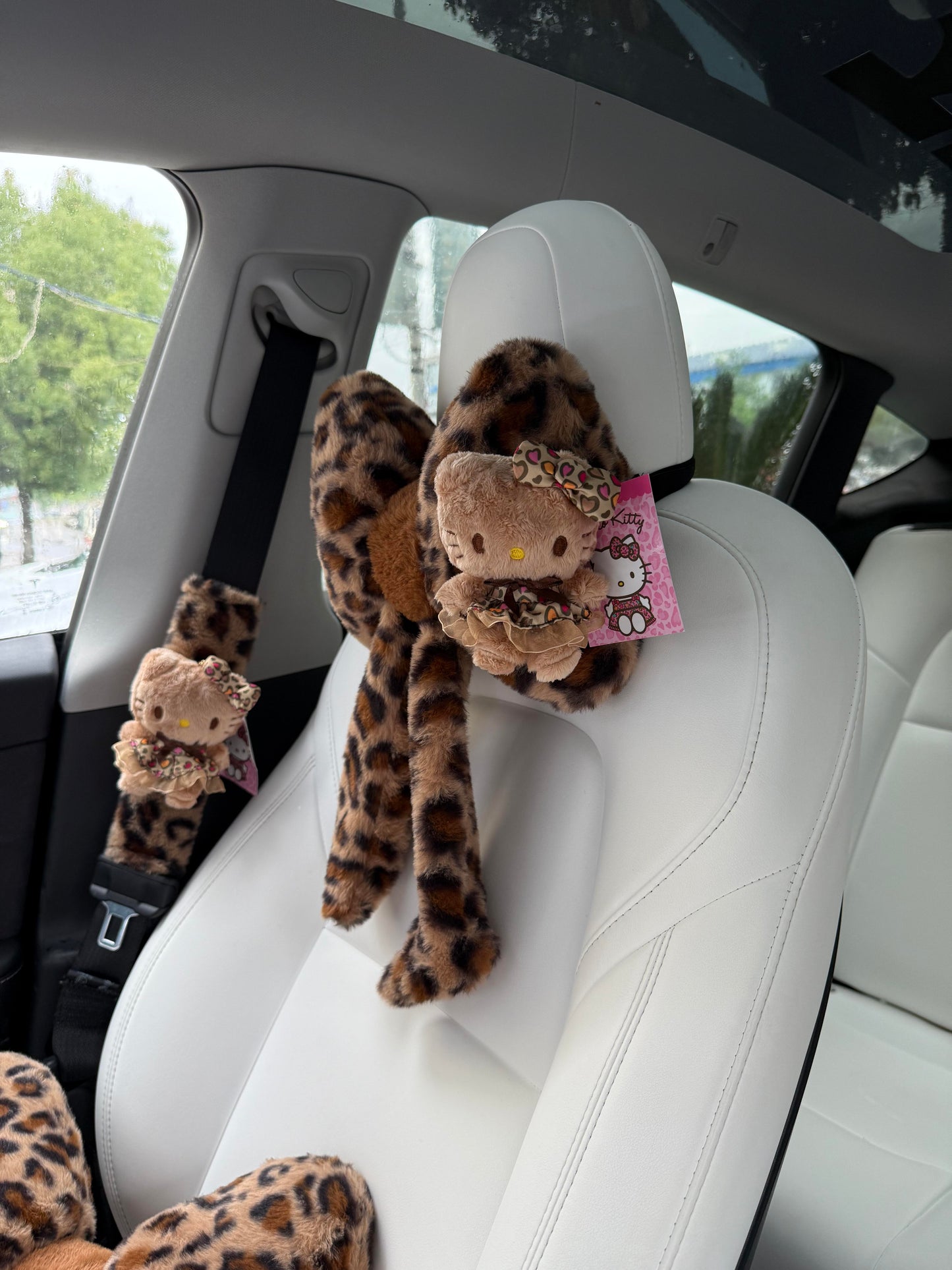 Hellokitty Leopard Print Car Seat Belt Pads/ Bow Car Headrest Pillow/ Car Seat Cushion
