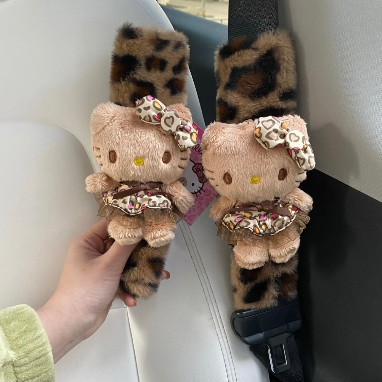 Hellokitty Leopard Print Car Seat Belt Pads/ Bow Car Headrest Pillow/ Car Seat Cushion