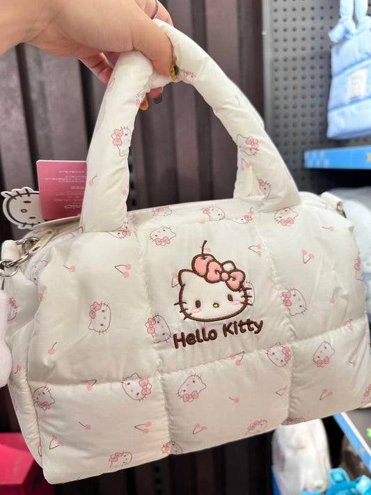 Hellokitty White Cherry Puffer Shoulder Tote Bags Top Handle Satchel Soft Puffy Bags Light Winter Down Cotton Padded Quilted Handbags
