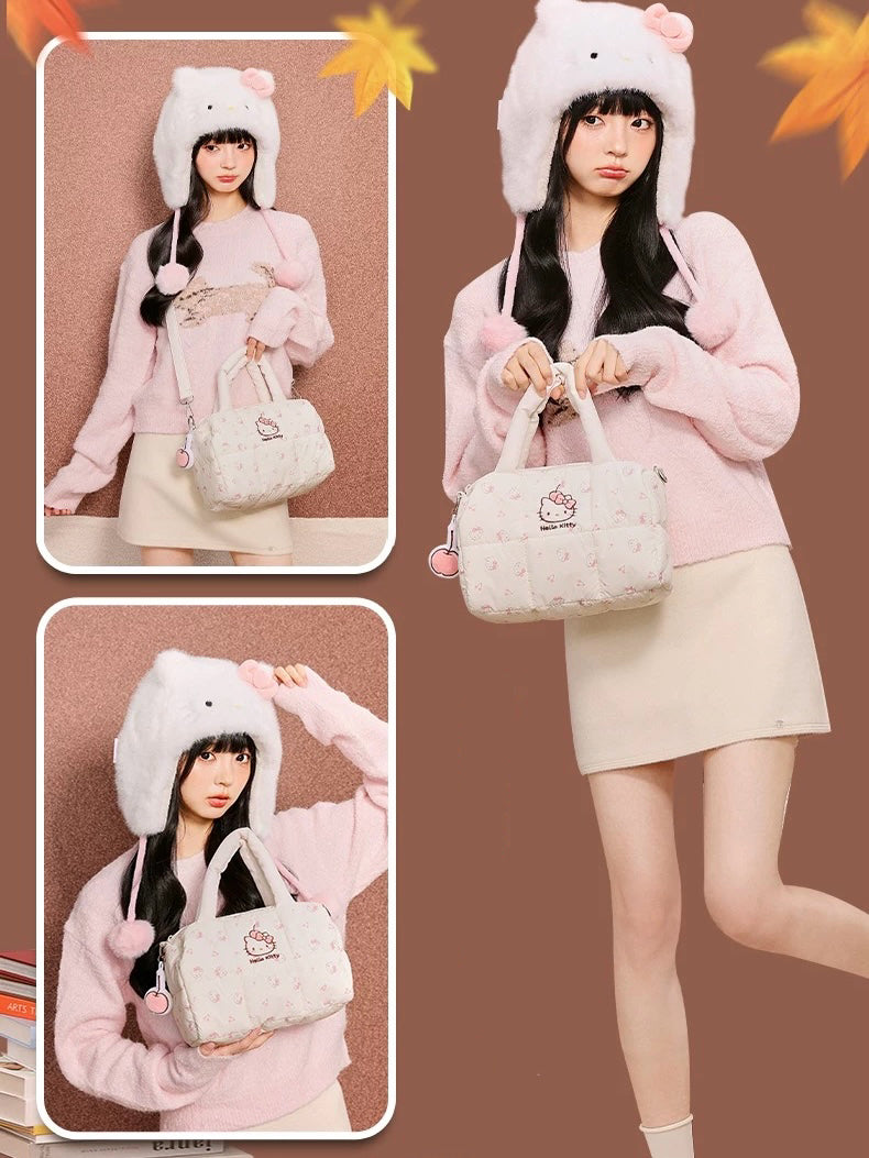 Hellokitty White Cherry Puffer Shoulder Tote Bags Top Handle Satchel Soft Puffy Bags Light Winter Down Cotton Padded Quilted Handbags