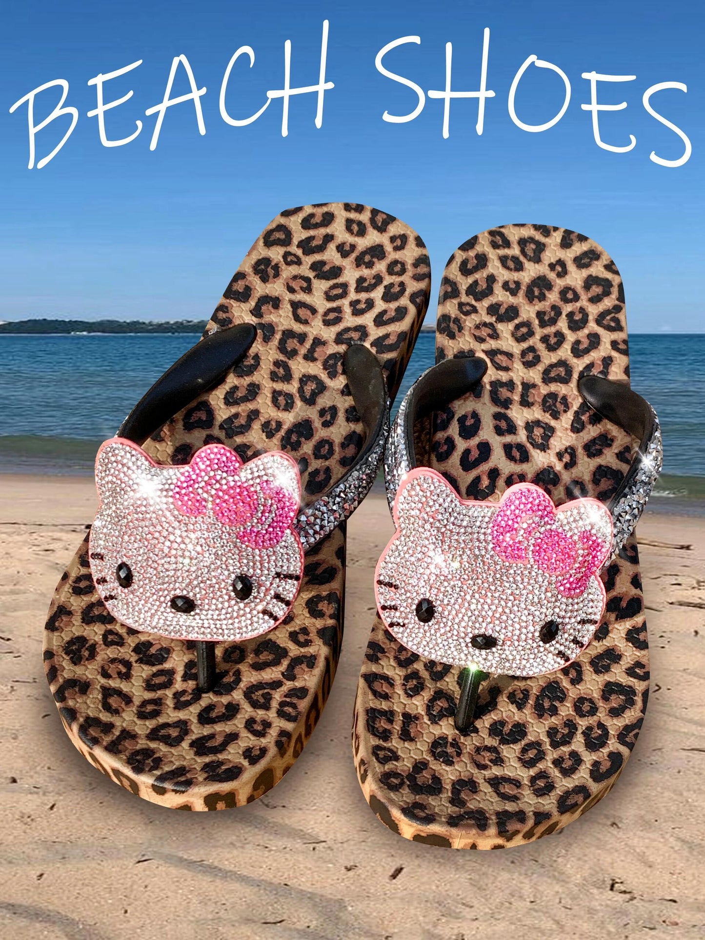 Hellokitty Handmade Rhinestone Leopard Print Women's Sandals Cute Slippers Non-Slip Flip Flops Low-Heeled Slippers（Customized Shoebox Packaging）
