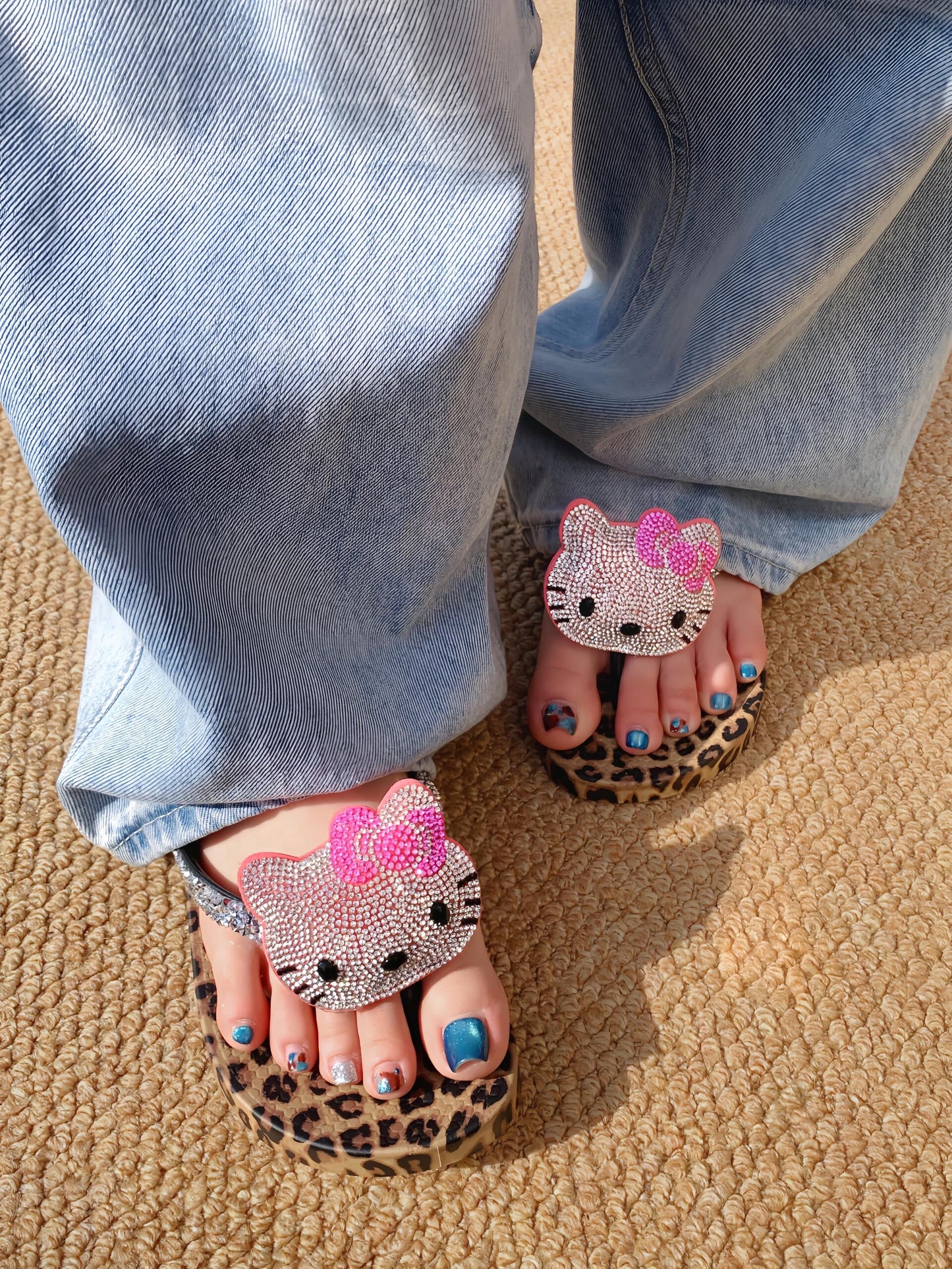 Hellokitty Handmade Rhinestone Leopard Print Women's Sandals Cute Slippers Non-Slip Flip Flops Low-Heeled Slippers（Customized Shoebox Packaging）