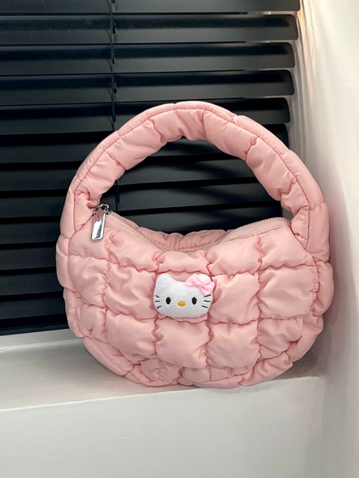 Hellokitty Pink Puffer Bag, Soft Puffy Bags for Women Light Winter Down Cotton Padded Quilted Tote Bag Handbag Purse