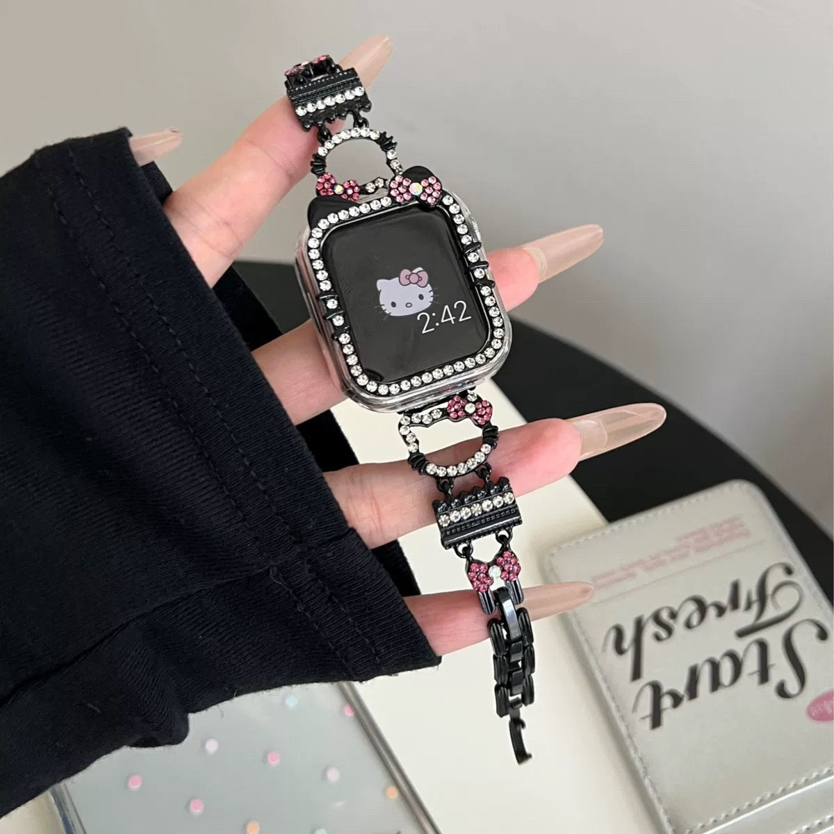 Hellokitty Apple Watch Band Bling Diamond Jewelry Metal Strap Bands with Crystal Tempered Glass Screen Protector Case, Round Shiny Bracelet Wristband for iWatch Series