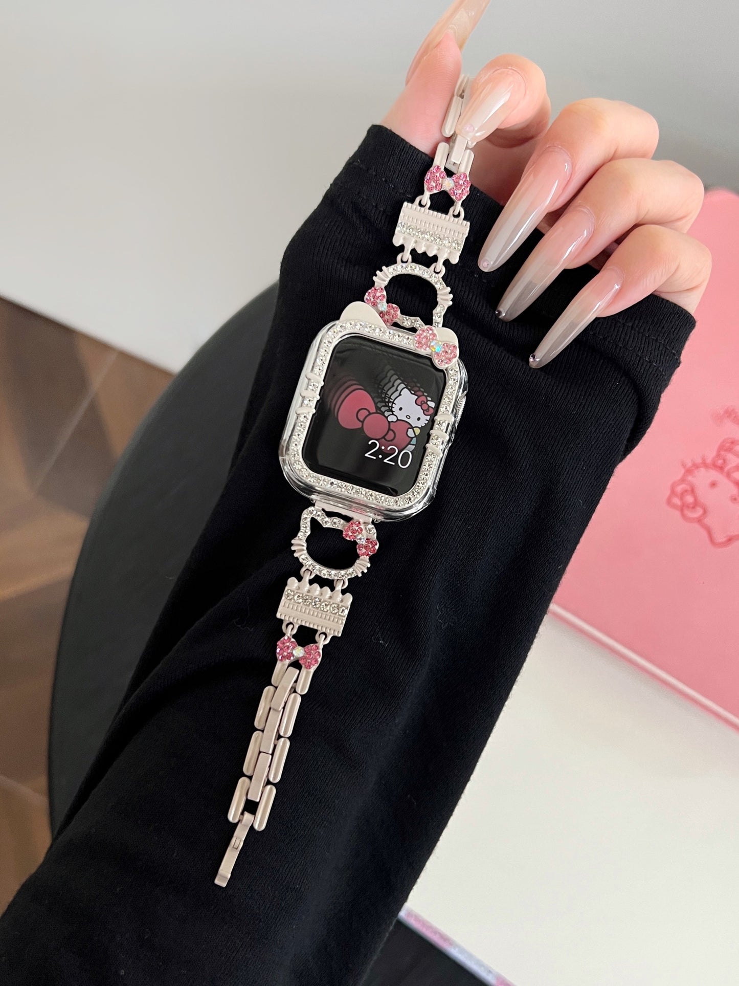 Hellokitty Apple Watch Band Bling Diamond Jewelry Metal Strap Bands with Crystal Tempered Glass Screen Protector Case, Round Shiny Bracelet Wristband for iWatch Series