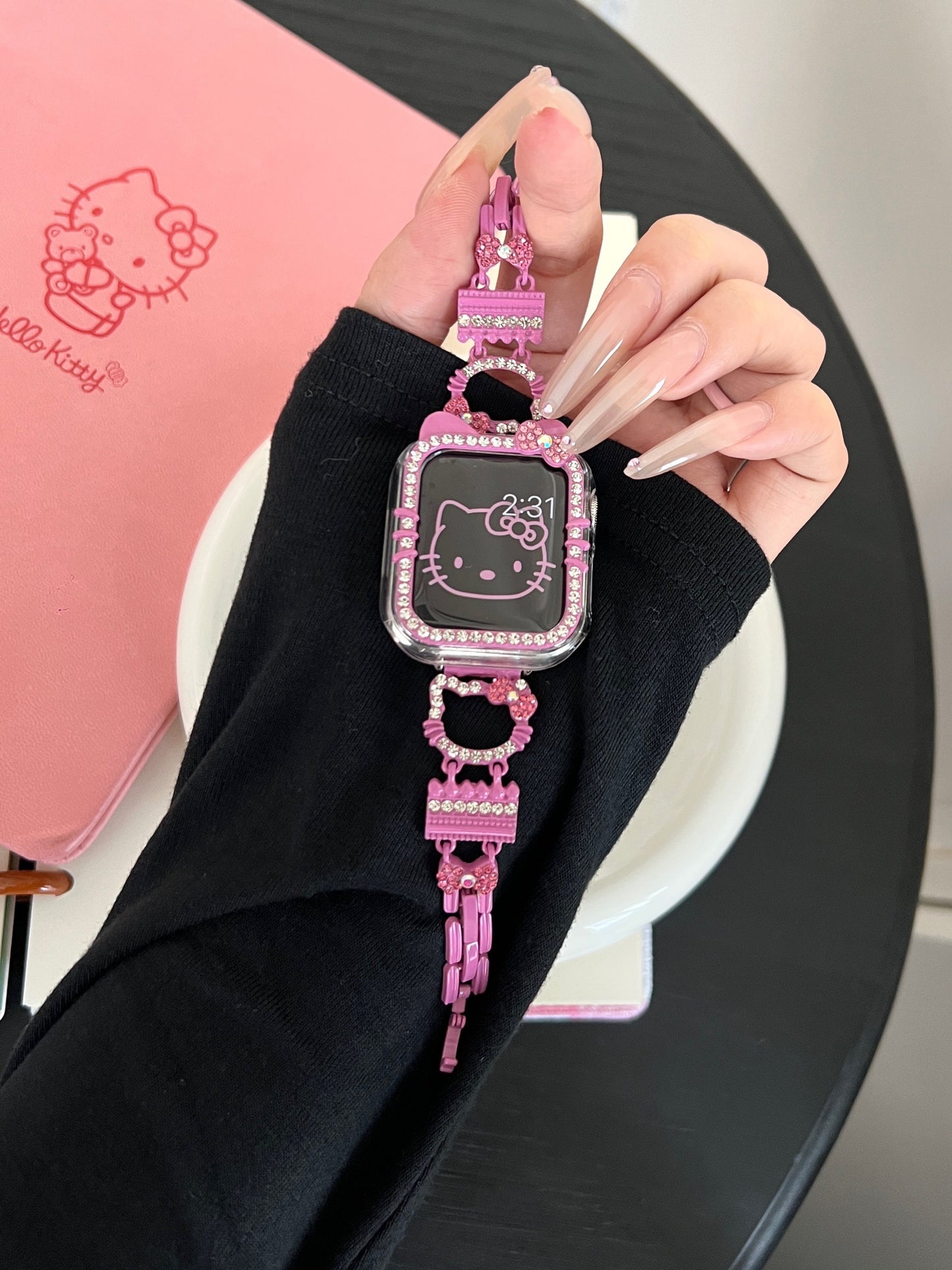 Hellokitty Apple Watch Band Bling Diamond Jewelry Metal Strap Bands with Crystal Tempered Glass Screen Protector Case, Round Shiny Bracelet Wristband for iWatch Series