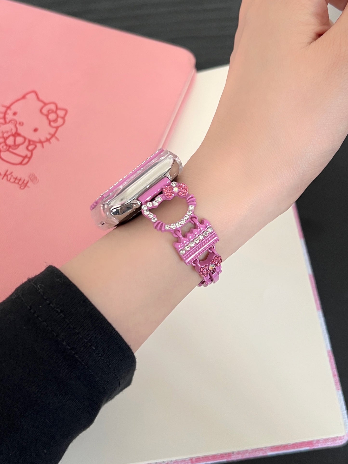 Hellokitty Apple Watch Band Bling Diamond Jewelry Metal Strap Bands with Crystal Tempered Glass Screen Protector Case, Round Shiny Bracelet Wristband for iWatch Series