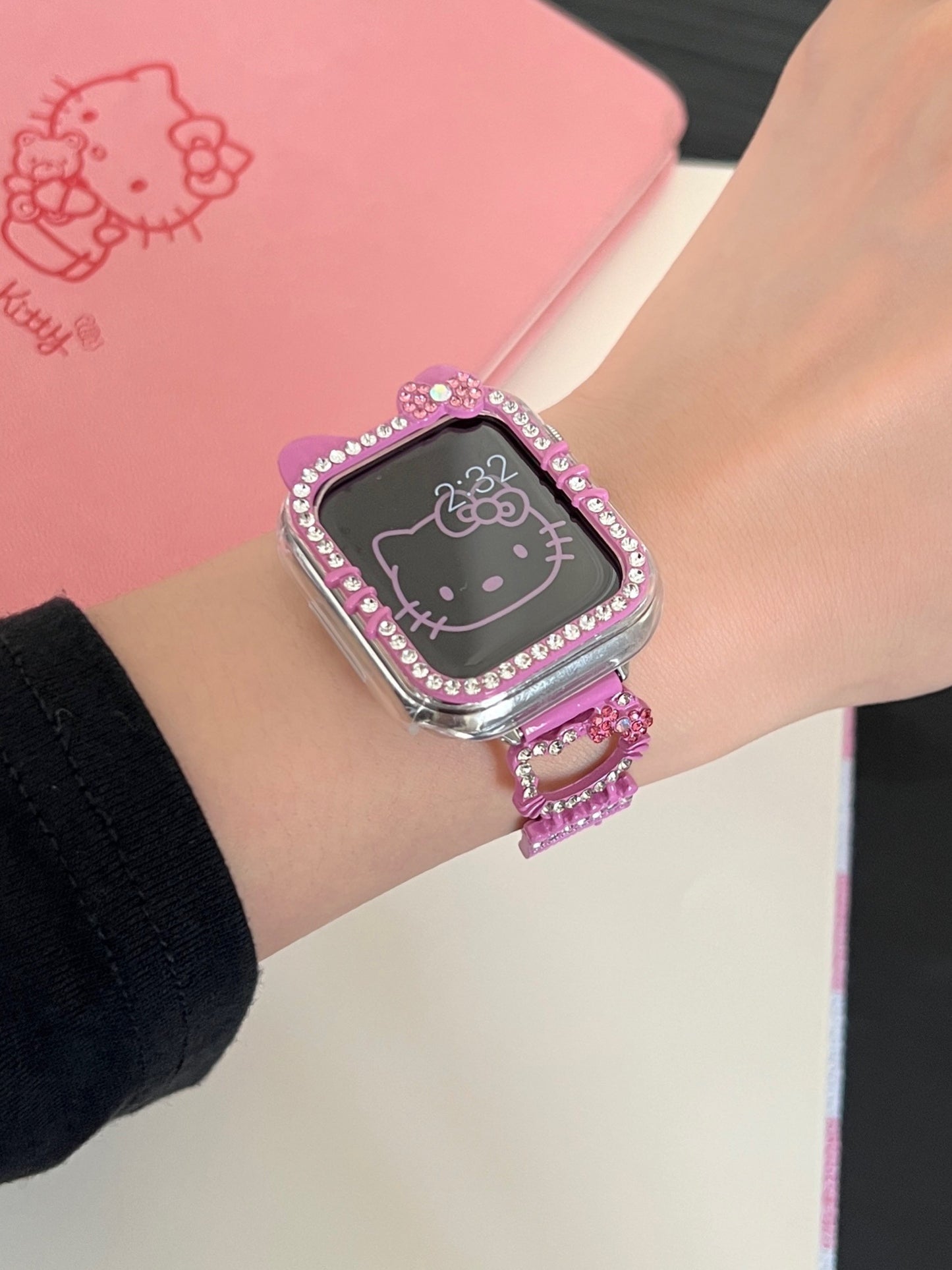 Hellokitty Apple Watch Band Bling Diamond Jewelry Metal Strap Bands with Crystal Tempered Glass Screen Protector Case, Round Shiny Bracelet Wristband for iWatch Series