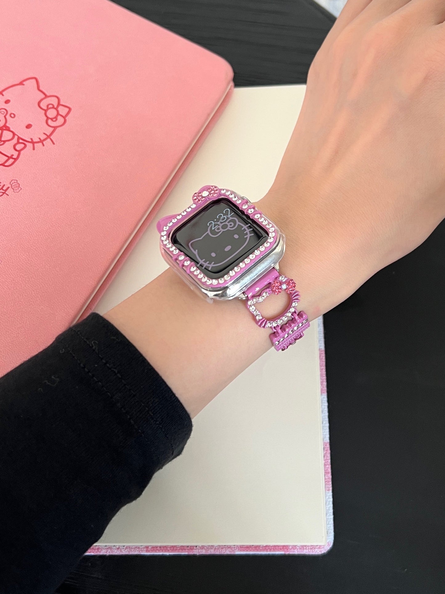 Hellokitty Apple Watch Band Bling Diamond Jewelry Metal Strap Bands with Crystal Tempered Glass Screen Protector Case, Round Shiny Bracelet Wristband for iWatch Series