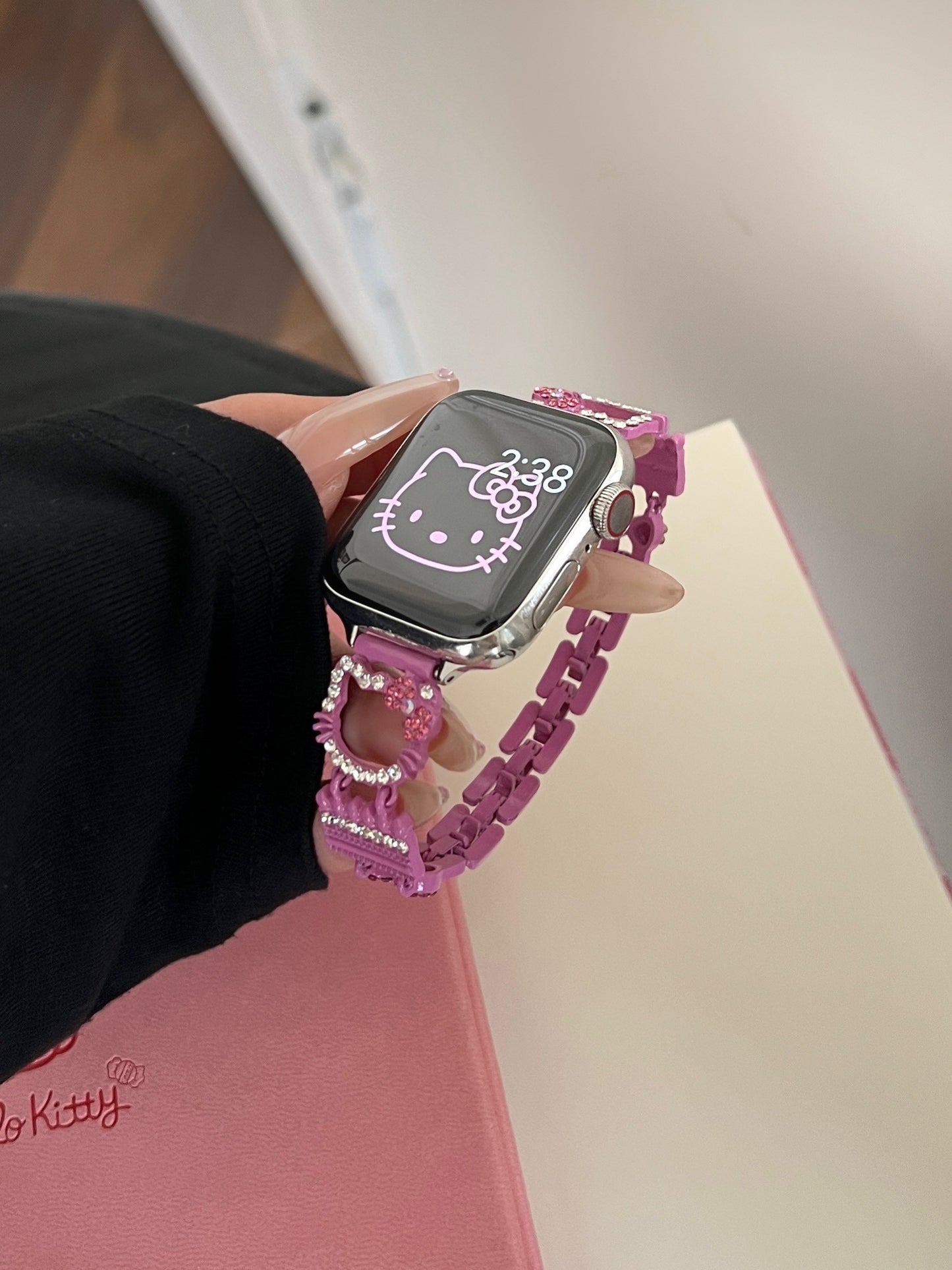 Hellokitty Apple Watch Band Bling Diamond Jewelry Metal Strap Bands with Crystal Tempered Glass Screen Protector Case, Round Shiny Bracelet Wristband for iWatch Series