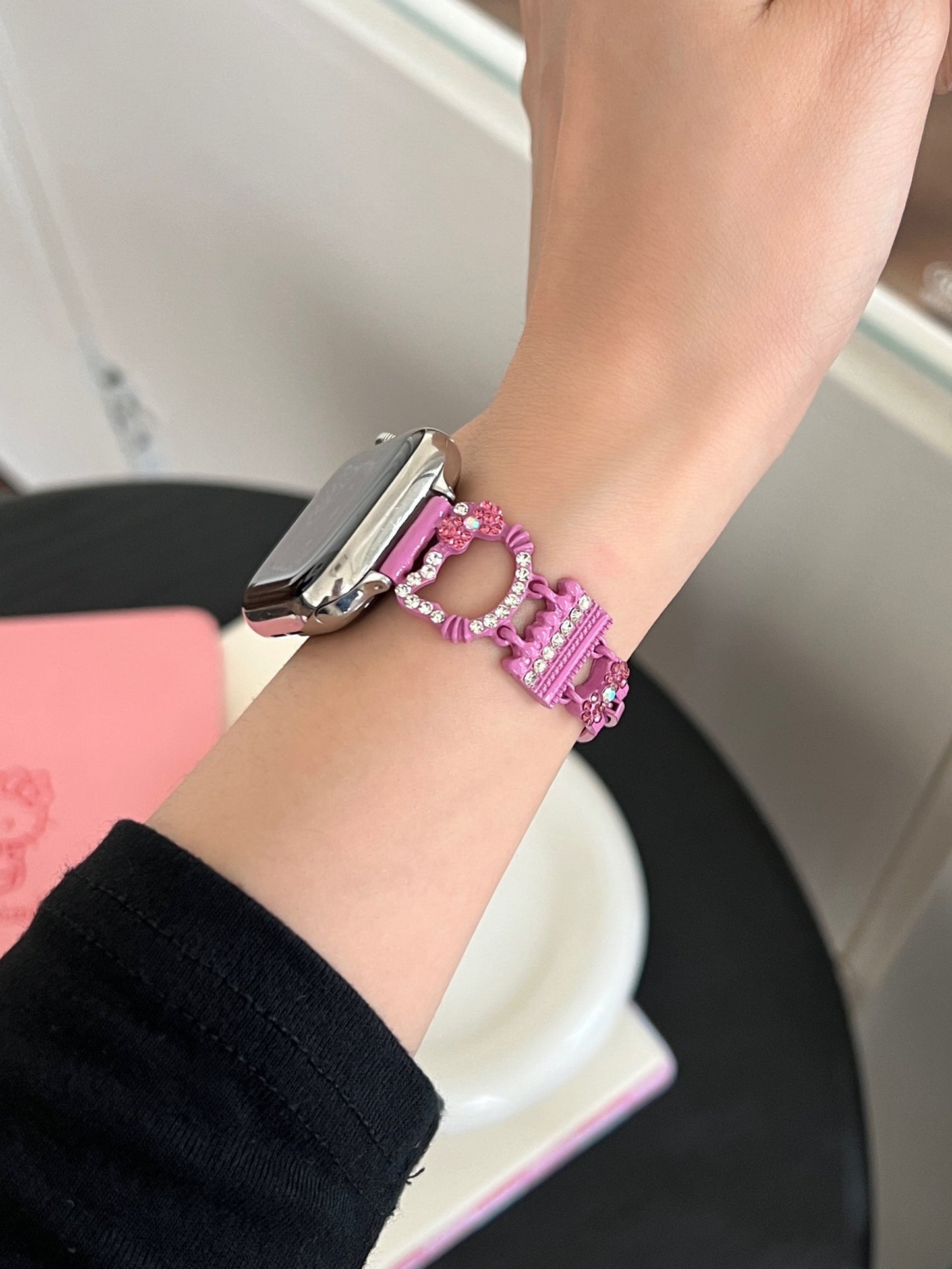 Hellokitty Apple Watch Band Bling Diamond Jewelry Metal Strap Bands with Crystal Tempered Glass Screen Protector Case, Round Shiny Bracelet Wristband for iWatch Series