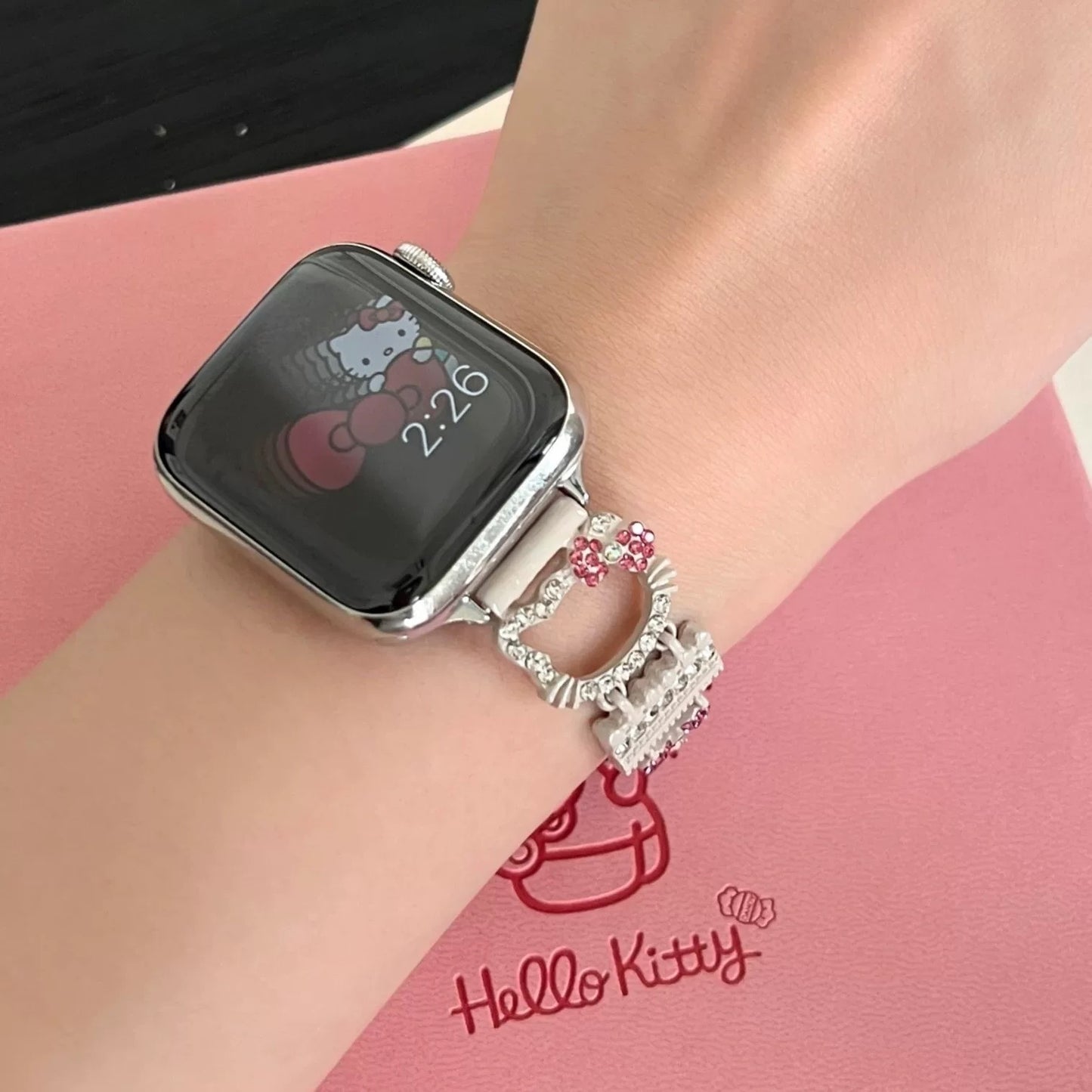 Hellokitty Apple Watch Band Bling Diamond Jewelry Metal Strap Bands with Crystal Tempered Glass Screen Protector Case, Round Shiny Bracelet Wristband for iWatch Series