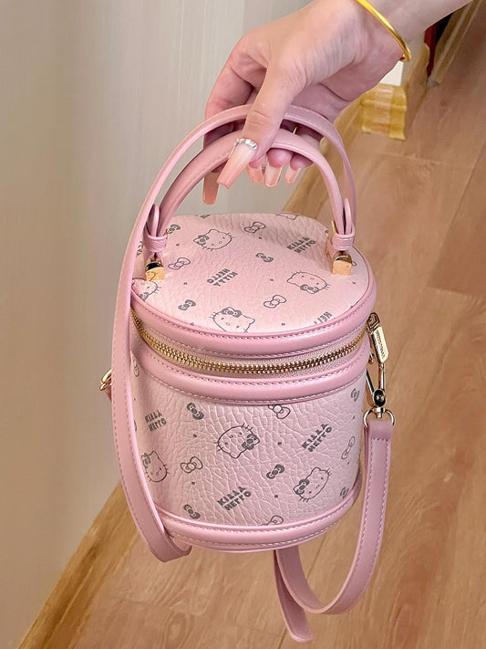 Hellokitty Bucket Handbag Hobo Crossbody Shoulder Bag with Double Metal Zipper