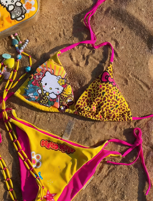 Hellokitty Yellow Leopard Print Halter Tie Side Triangle Bikini Set high Cut 2 Piece Bikini Swimsuit Bathing Suit