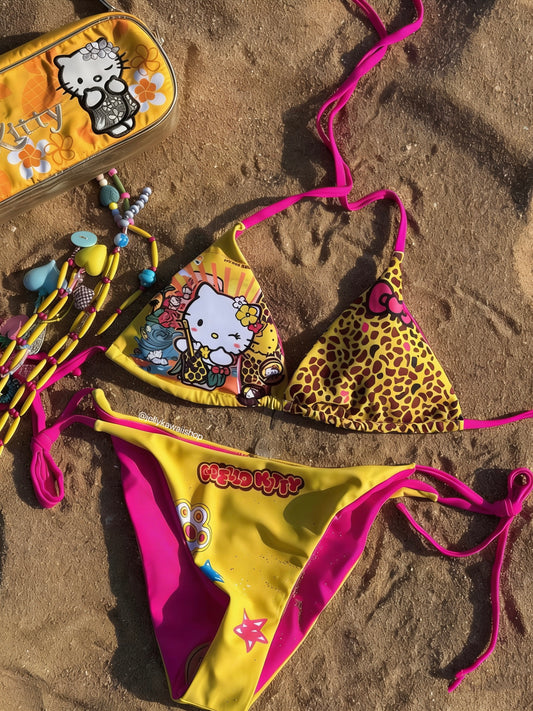 Hellokitty Yellow Leopard Print Halter Tie Side Triangle Bikini Set high Cut 2 Piece Bikini Swimsuit Bathing Suit
