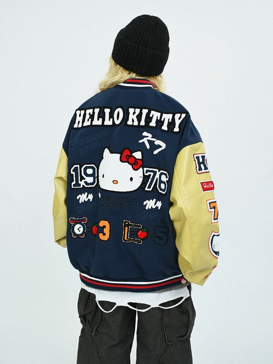 Hellokitty Varsity Jacket Baseball Bomber Jacket Vintage Unisex Streetwear Coats with Patchwork Hipster Utility Tops