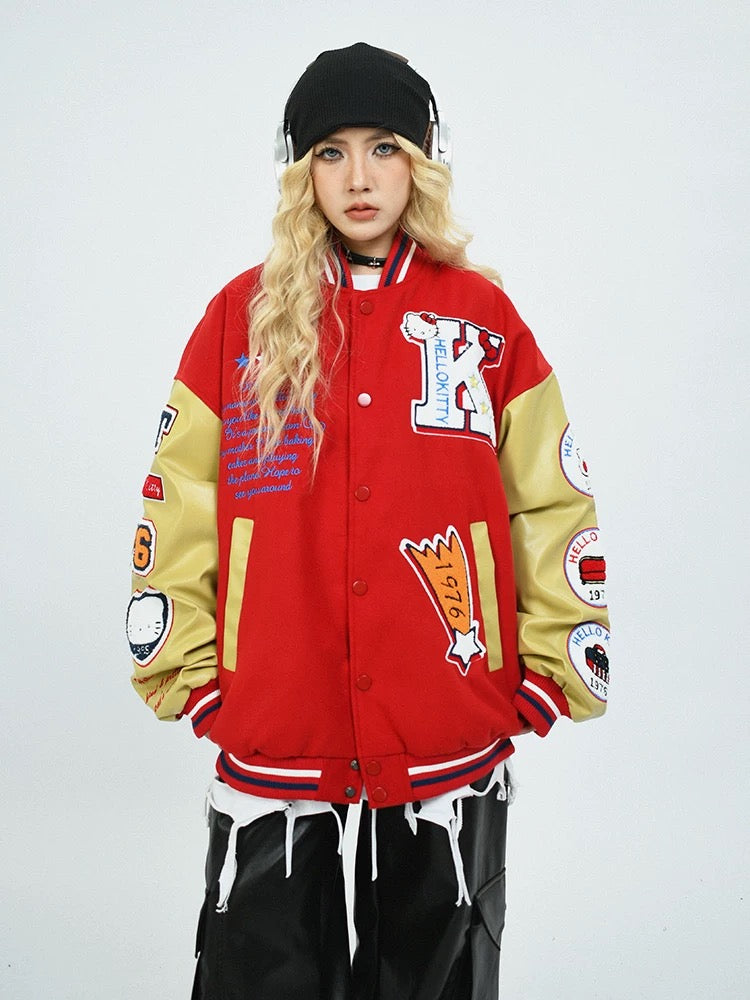 Hellokitty Varsity Jacket Baseball Bomber Jacket Vintage Unisex Streetwear Coats with Patchwork Hipster Utility Tops