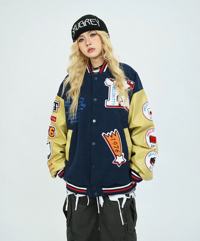 Hellokitty Varsity Jacket Baseball Bomber Jacket Vintage Unisex Streetwear Coats with Patchwork Hipster Utility Tops