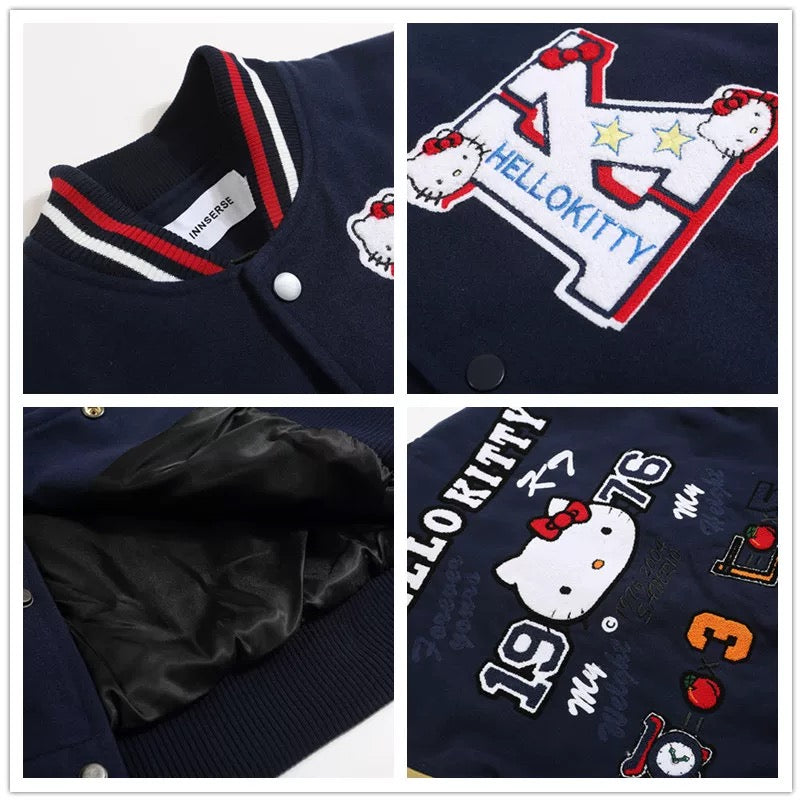 Hellokitty Varsity Jacket Baseball Bomber Jacket Vintage Unisex Streetwear Coats with Patchwork Hipster Utility Tops