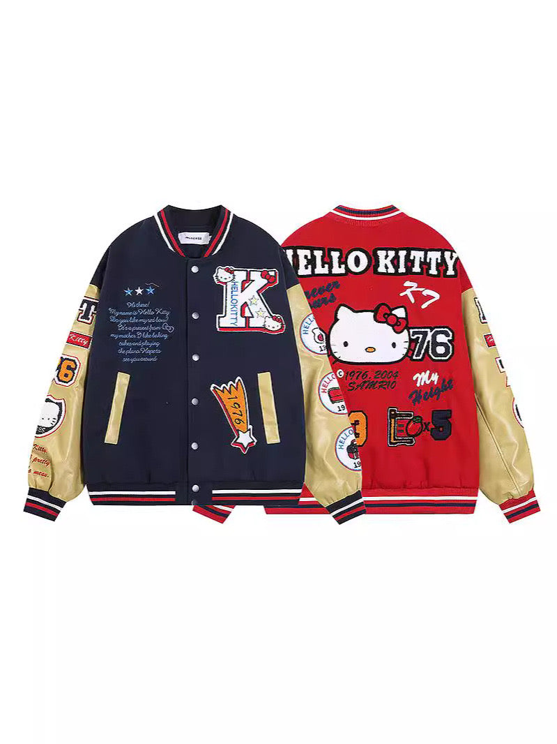 Hellokitty Varsity Jacket Baseball Bomber Jacket Vintage Unisex Streetwear Coats with Patchwork Hipster Utility Tops