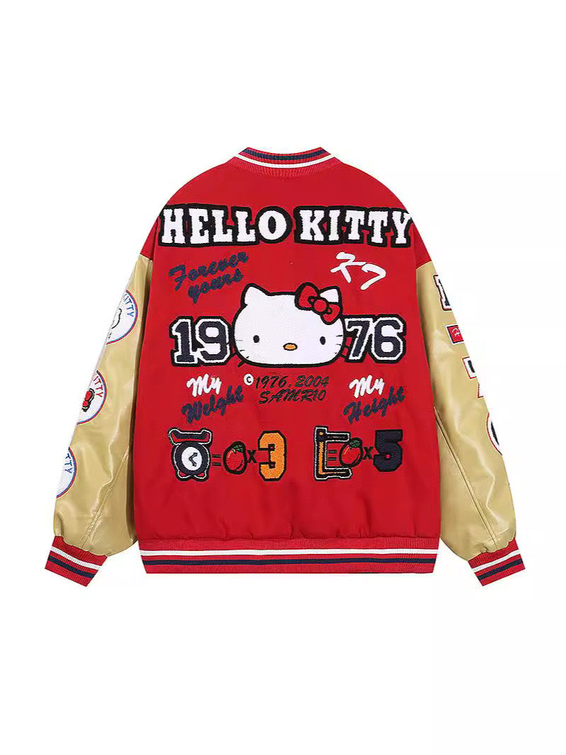 Hellokitty Varsity Jacket Baseball Bomber Jacket Vintage Unisex Streetwear Coats with Patchwork Hipster Utility Tops